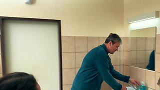 Point of view screwing in a public bathroom for a hot babe