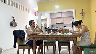 I fuck my girlfriend's daughter 18+ at the table while she doesn't see us!