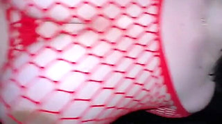 Massive Boobs Pregnant Girl in Red Mesh Rides Cock Then Doggy Fuck