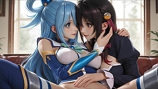 Sfw Aqua and Yunyun From Konosuba Soft Show Touching and Kissing Lesbian