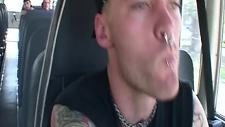 Tattooed Brunette's Steamy Bus Fingering and Licking Session