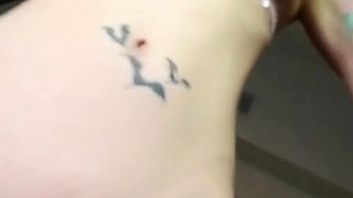 Busty curly brunette with big boobs fucks on couch