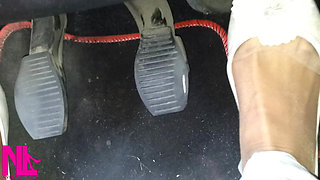 Pedal Pumping and Driving in Highway in Soft Worn Out Flats and Nylon Socks
