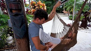 Petite brunette Nikki Nicole gets fucked inside and outside the house