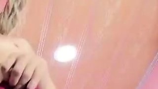 Big tit shemale jerks her long cock