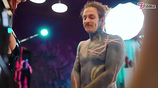 Latex Dominatrix Trio Sound & Finger the Tattooed Slave’s Cock