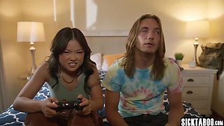 Hot Asian teen Lulu Chu swallows big cock in hardcore threesome sex