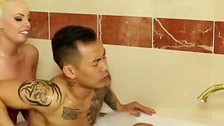 Wonderful blonde babe gets slammed by an asian guy