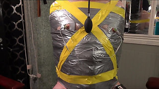 Electro Nipple and Cock Shocks in Duct Tape Bondage