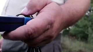 Leashed slave girl runs naked and learns to fetch