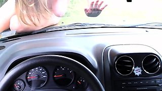 Blonde Milf Seduces Driver, Masturbating in Public