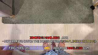 Hot skinny brunette babe teases a big cock guy in the kitchen and living room without giving an orgasm