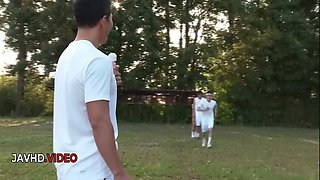 Sara Saijos steamy JAV session outdoors featuring her alluring charm in hot group fun