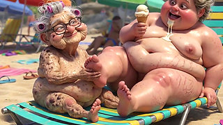 Elderly Granny Passionately Sucking BBW Feet on the Beach