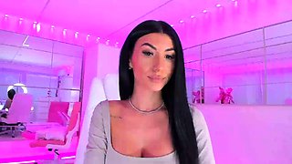 Brunette Beauty Nude Tease on Webcam in Neon Pink Room