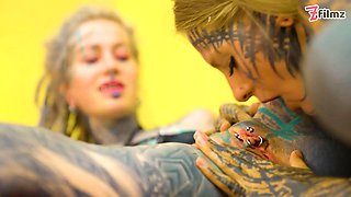 Split Tongue Lesbians Tattooed Toy Play ANAL and ATM