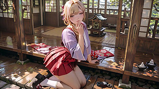 Purple Kimono Fantasy! Blonde Goddess in the Japanese Corridor, lazy gazes, hand on hips, sunlight drenching her skin.