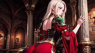 Blonde Hentai Knight Lounges Teasingly in Red and Green Armor as Her Silver-Haired Partner Kneels to