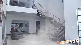 Two blonde girls getting shared in a crazy forsome on the bed