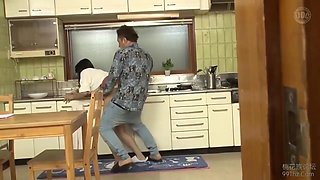 Ravishing Japanese housewife is getting a rear fuck in the kitchen, from her new lover