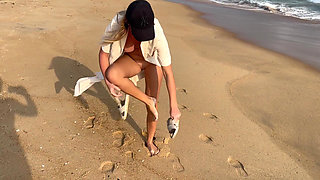 Blonde with Big Natural Breasts Walks Naked Outdoors.