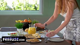 Step mom Kiara Lord obeys breakfast and gets tit fondled by her sonnie