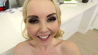 Cute girlfriend gives nice POV blowjob and tit cumshot