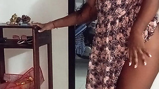 My neighbor welcomes me in a mini dress