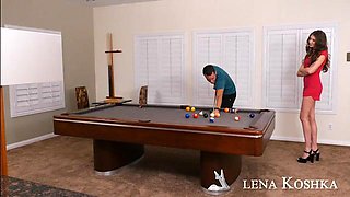 Elena Koshka Drilling In The Pool Table With Her Undergarments