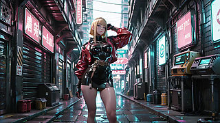 Cyber Queen's Wet Fantasy! Red leather jacket glistening under neon rain, kneeling pose that breaks the armor