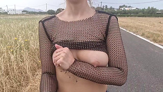 see-through blouse flashing tits in public