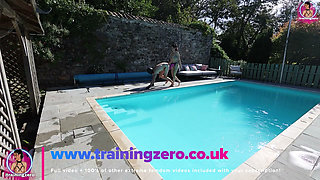Femdom Pool side Pegging - Outdoor Anal with Huge Strapon