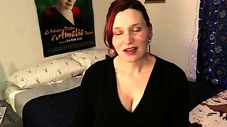 Busty curly brunette with big boobs fucks on couch