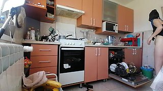 Sexy Mom Naked in the Kitchen, Latina Hairy Pussy, Big Tits, Big Ass.