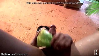 Cute ladyboy plows a watermelon so stiff that she cum shots