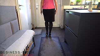 Hot Office Slut in Pencil Skirt, Silk Top and High Heels Gets Fresh Bosses Cum in Her Pantyhose