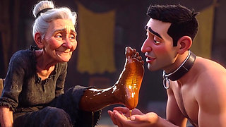 Submissive Slave Licking Wrinkled Feet of Old Ladies