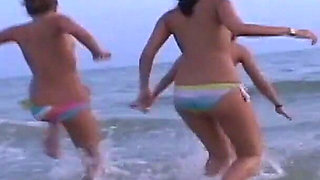 Three Hotties Make Out and Get Topless at a Public Beach