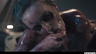 Charlotte Sins Wet Face Closeup With Dark Vein Makeup On White Pillow