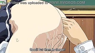 She gets fingered from behind and squirts in the toilet, then gets a handjob, a blowjob and bukkake.