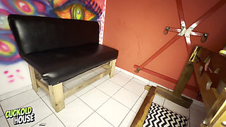 Naughty Bride Having Sex with Two Men in a BDSM Room