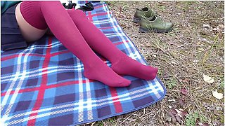 Schoolgirl Show Feet In Knee Socks And Change Dress Nylon Pantyhose