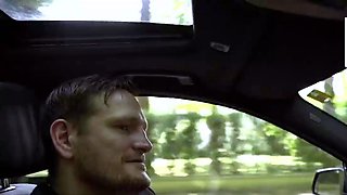 Busty lady gets doggystyle in a car seat