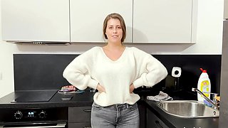 A chubby woman with big natural tits takes a shower and seduces a man.