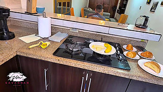 Stepson Cum on His Stepmother's Huge Tits During a Family Breakfast - Savannah Watson