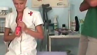 The gynecologist fucks his blonde nurse who loves to masturbate with big dicks