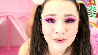 Teen brunette cutie has some fun with a huge hard cock