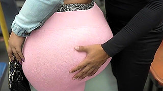 Balaclava BBW Gets Ass in Tight Shiny Pink Pants - Public Bus