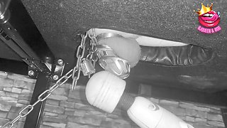 Female domination brings slave to climax in chastity cage on the stroking table
