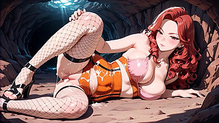 Anime Redhead Rides Hard in Orange Bikini Until Dripping Overflow